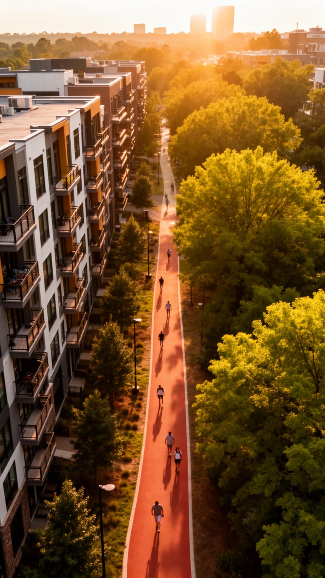 BeltLine trail with apartments and walkers at sunset